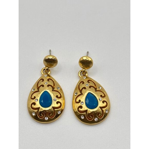 Brighton Versailles Jupiter Gold & Blue Teardrop Earrings With Intricate Scrollw - Picture 4 of 7